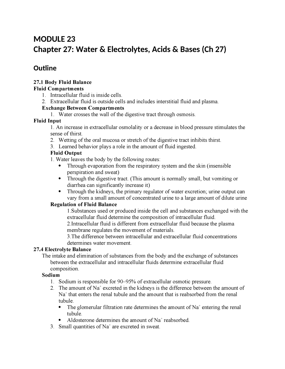 Chapter 27 Outline - MODULE 23 Chapter 27: Water & Electrolytes, Acids ...