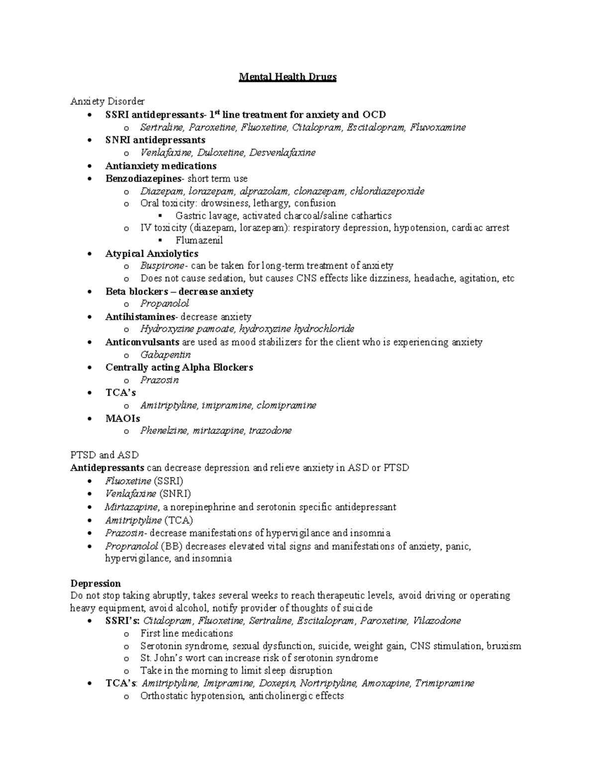 Mental Health Drugs - study notes - Mental Health Drugs Anxiety ...