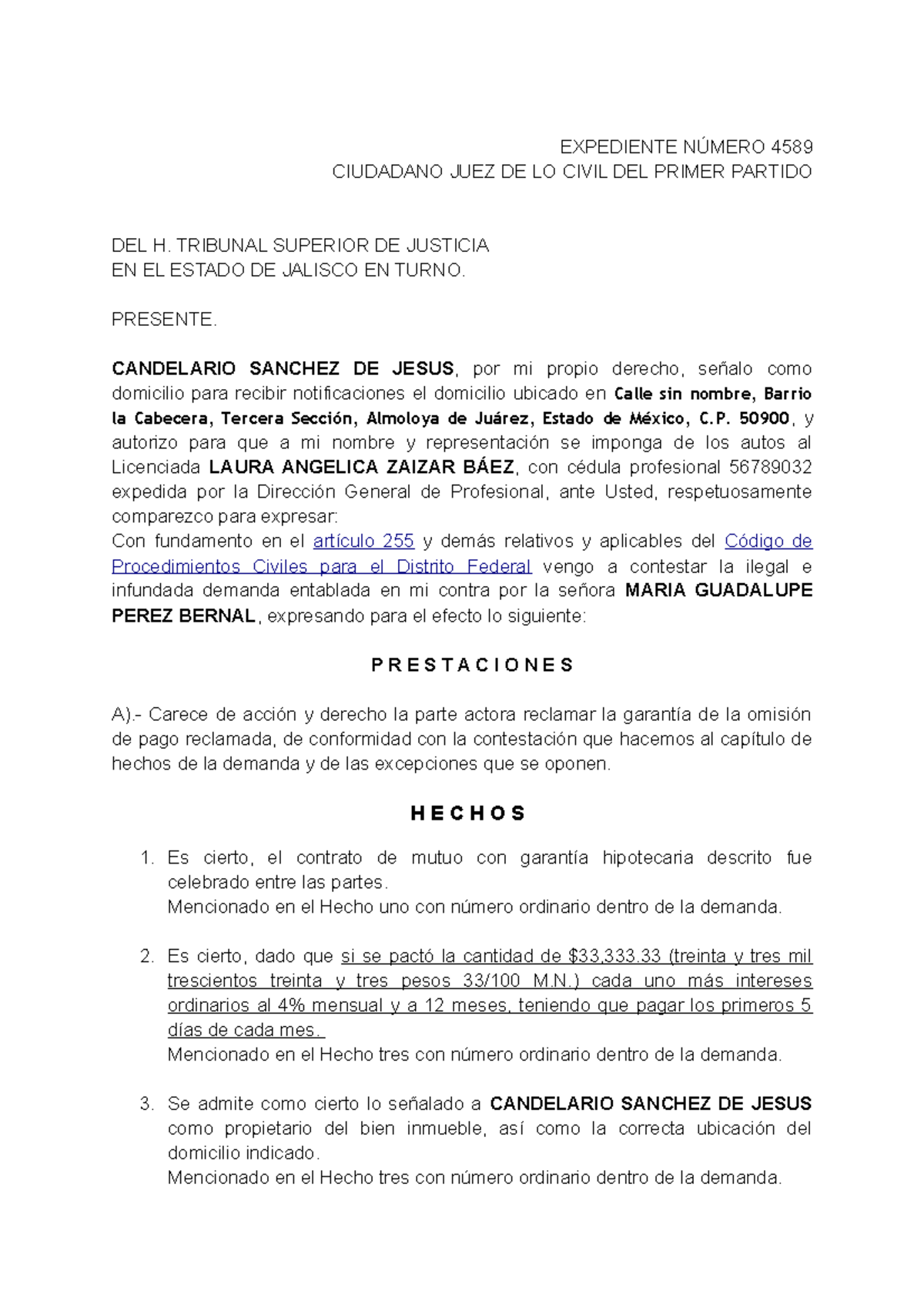 Contestación De Demanda - EXPEDIENTE NÚMERO 4589 CIUDADANO JUEZ DE LO ...