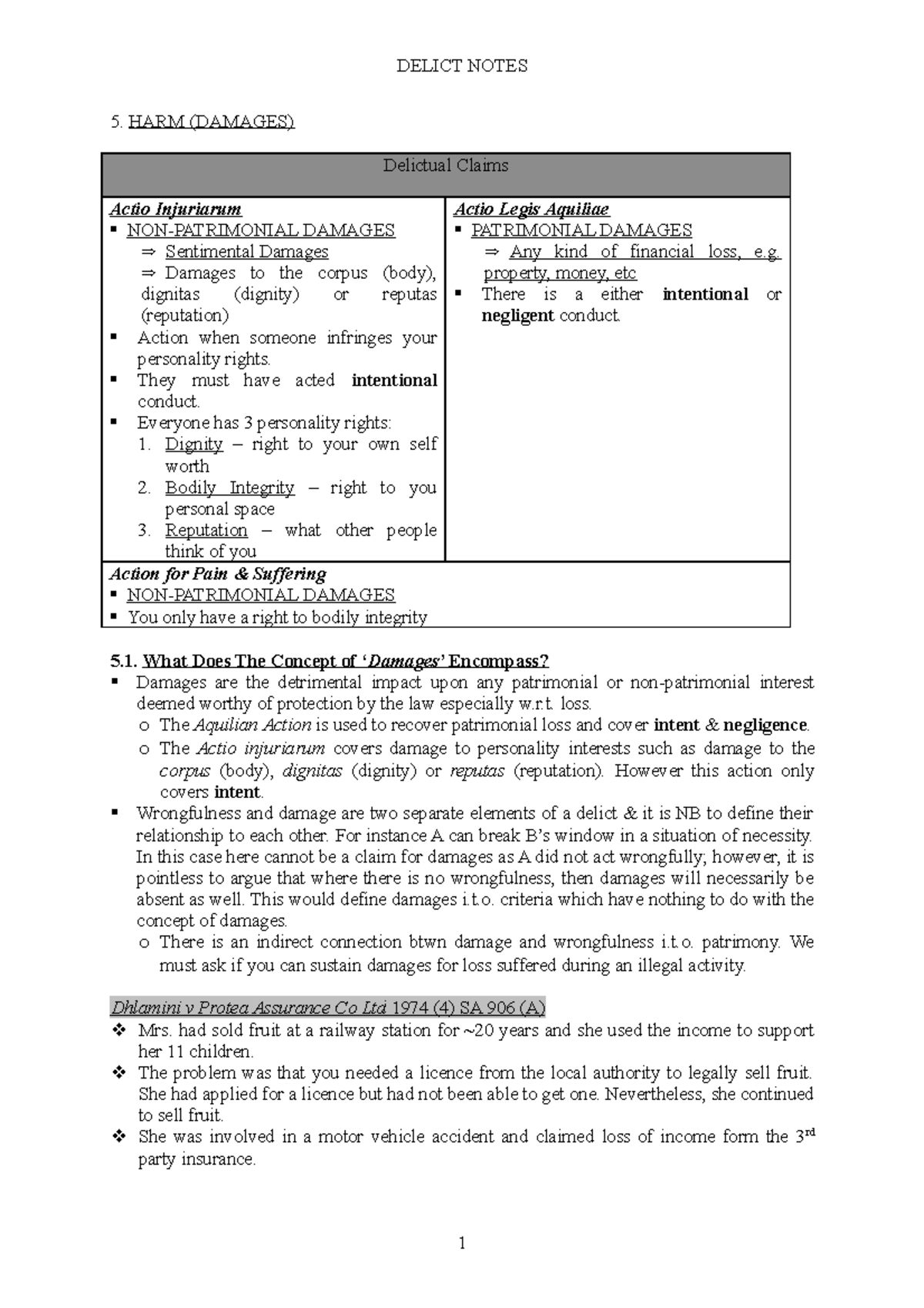 Delict Notes TERM 2 - 5. HARM (DAMAGES) Delictual Claims Actio ...