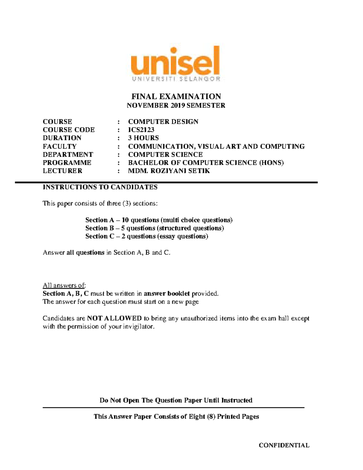 Computer Design Final Examination - CONFIDENTIAL FINAL EXAMINATION ...