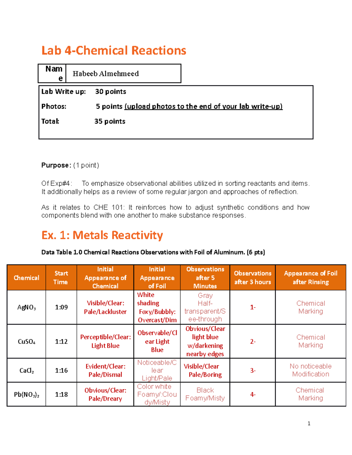 Chemical Reactions Applied Chemistry Lab 4Chemical Reactions Lab