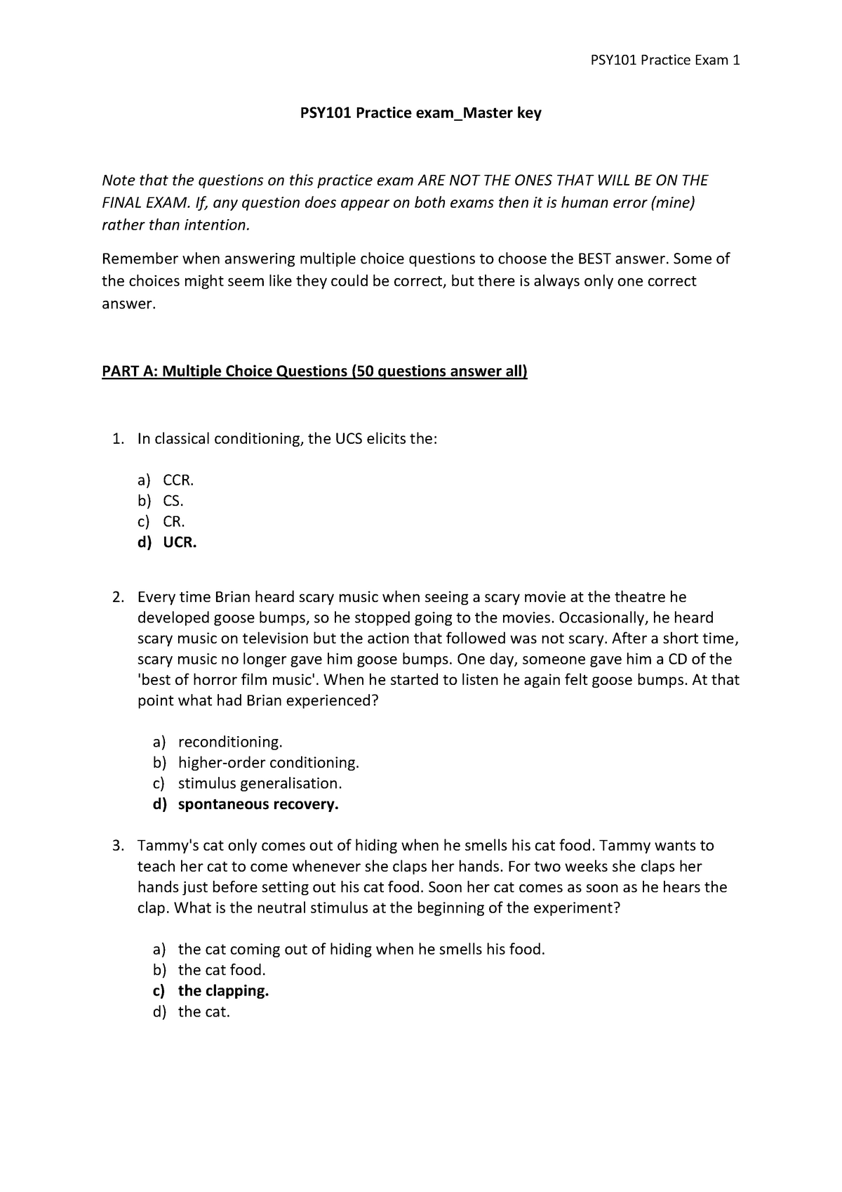 PSY101 Past Exam - PSY101 Practice Exam_Master Key Note That The ...