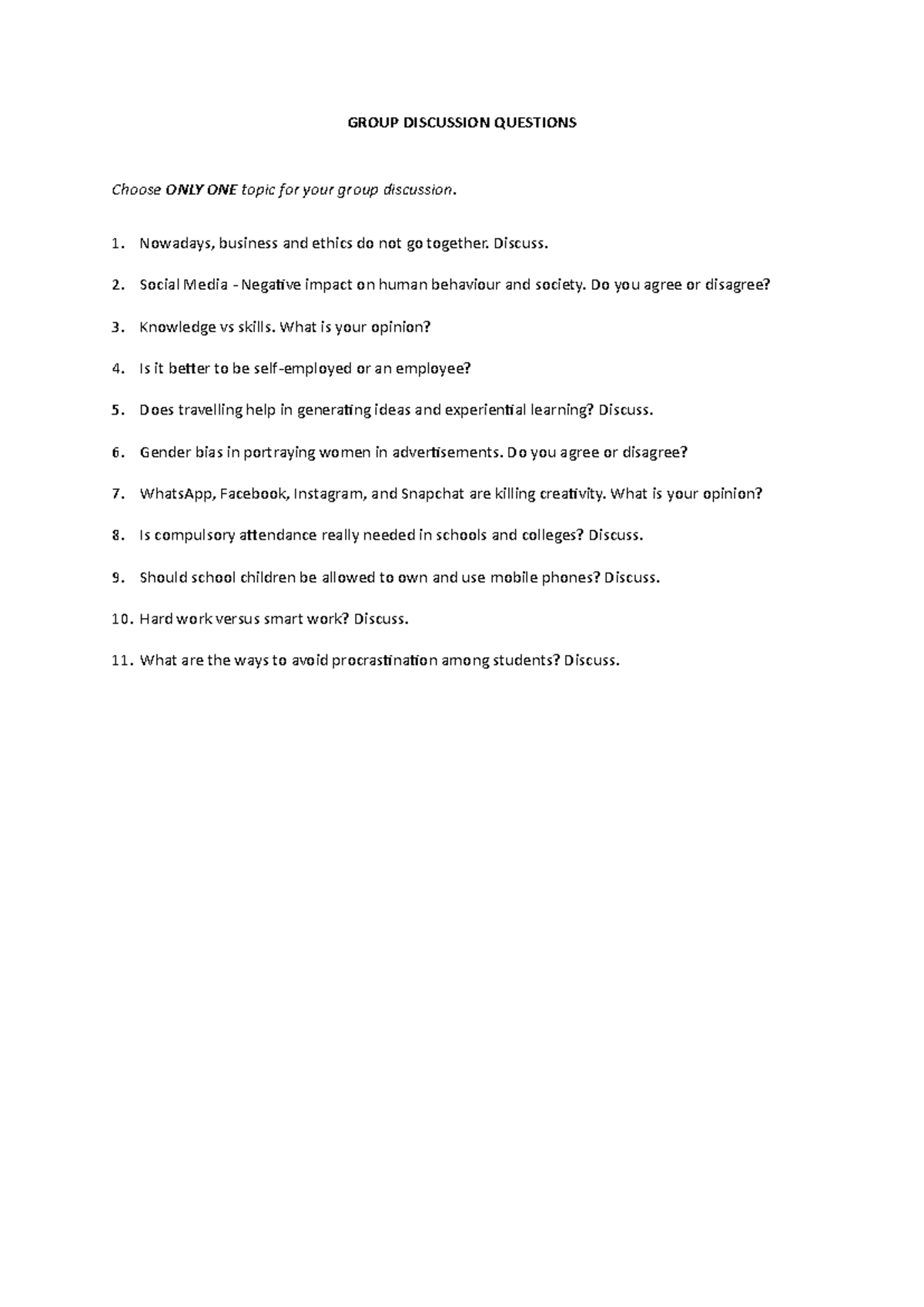 Group Discussion Questions - GROUP DISCUSSION QUESTIONS Choose ONLY ONE ...