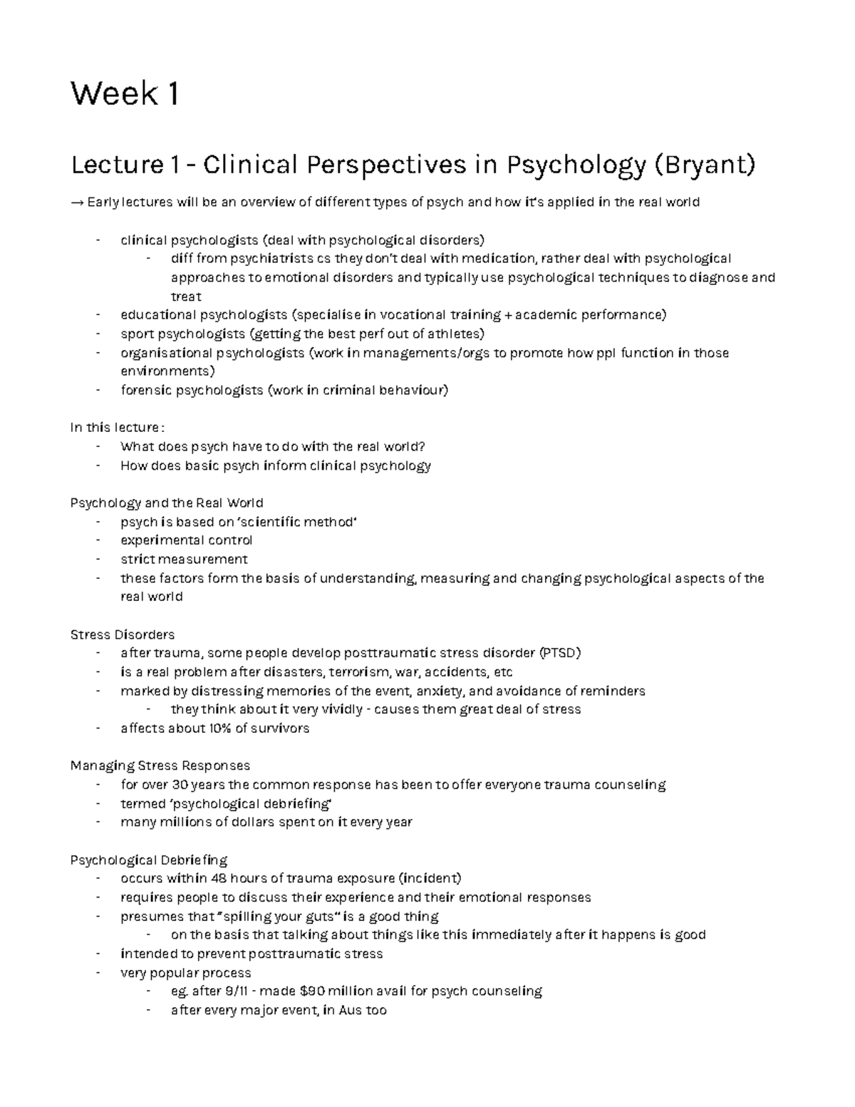 PSYC1001 Lecture Notes - Week 1 Lecture 1 - Clinical Perspectives In ...