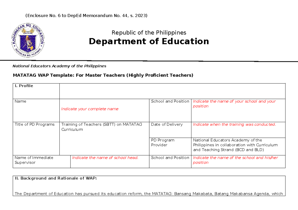 Sample Matatag WAP For Master Teachers - (Enclosure No. 6 to DepEd ...