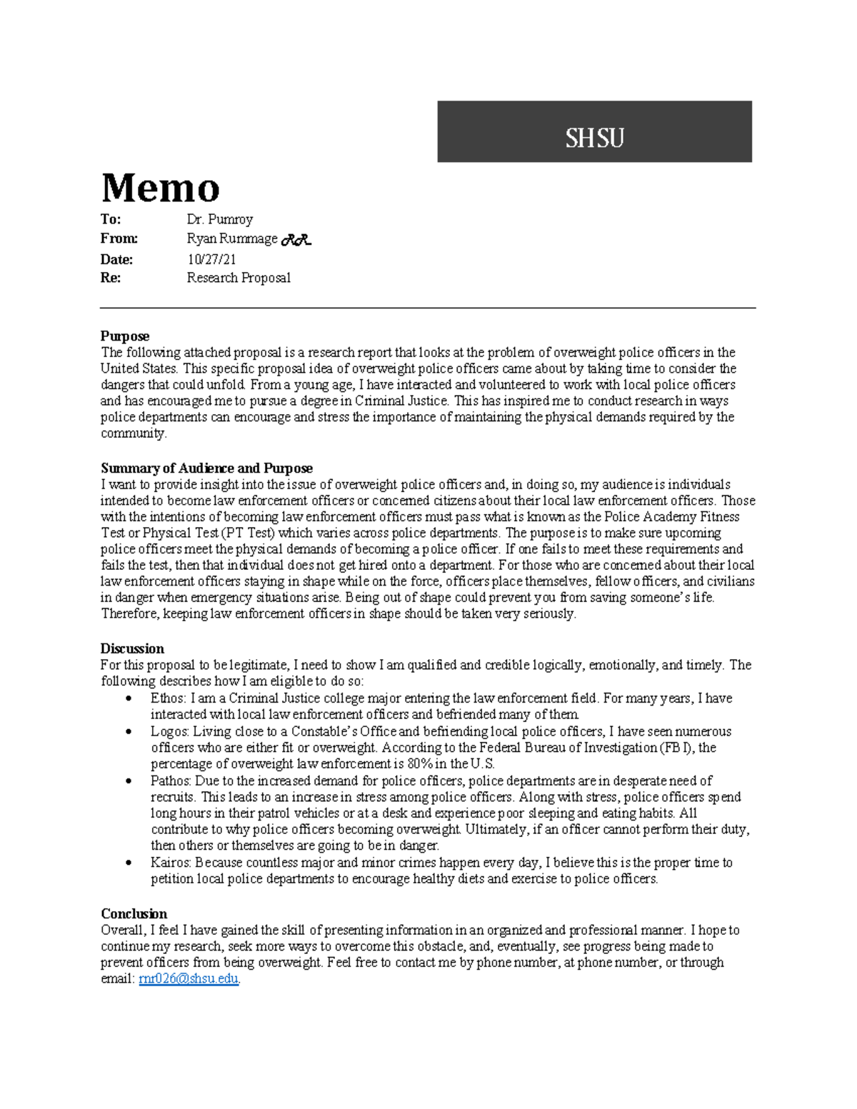 MD 5 - Major Document #5 Memo Dr. Pumroy - SHSU Memo To: Dr. Pumroy ...