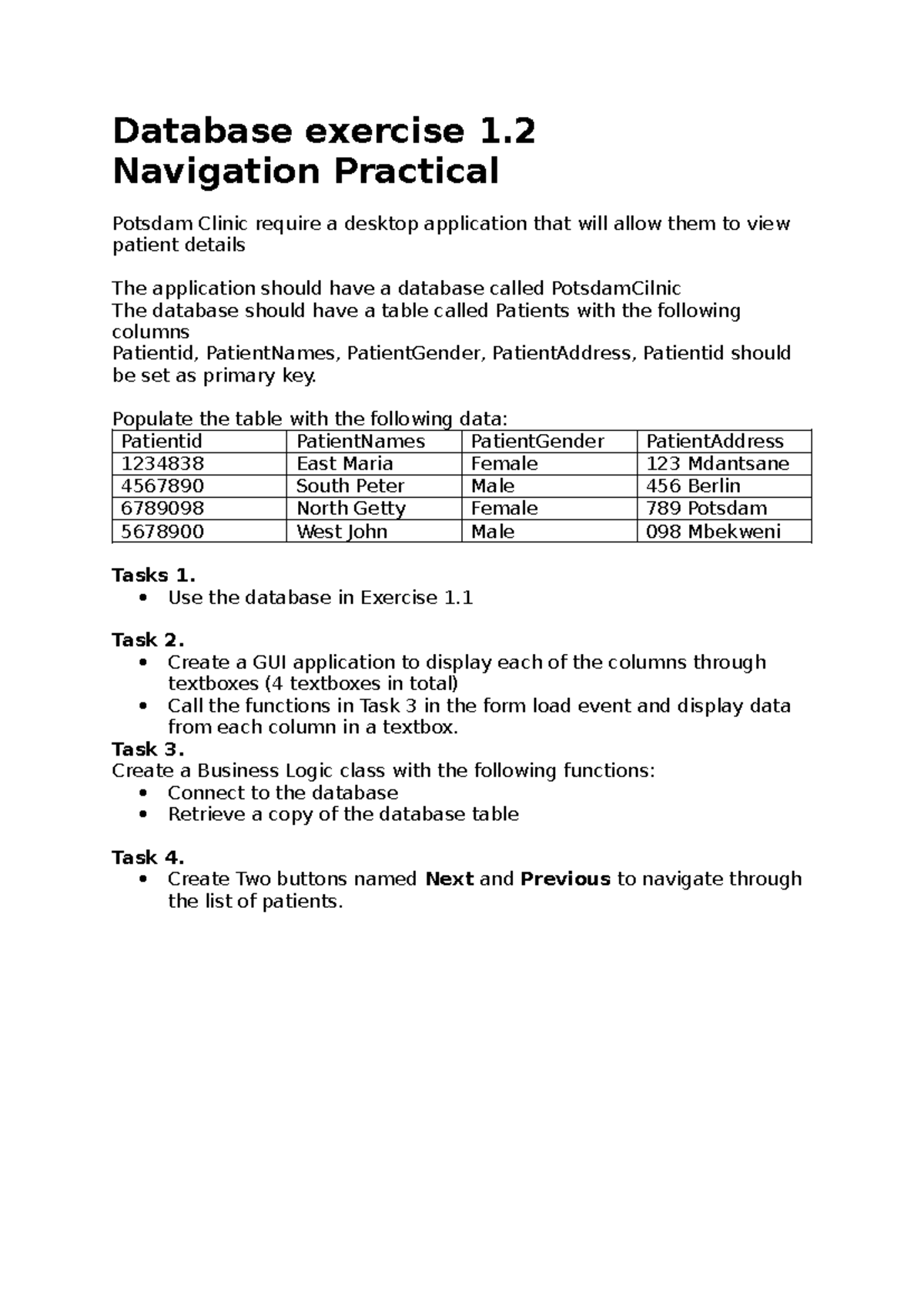 Database exercise 1 - Navigation Practical Potsdam Clinic require a ...