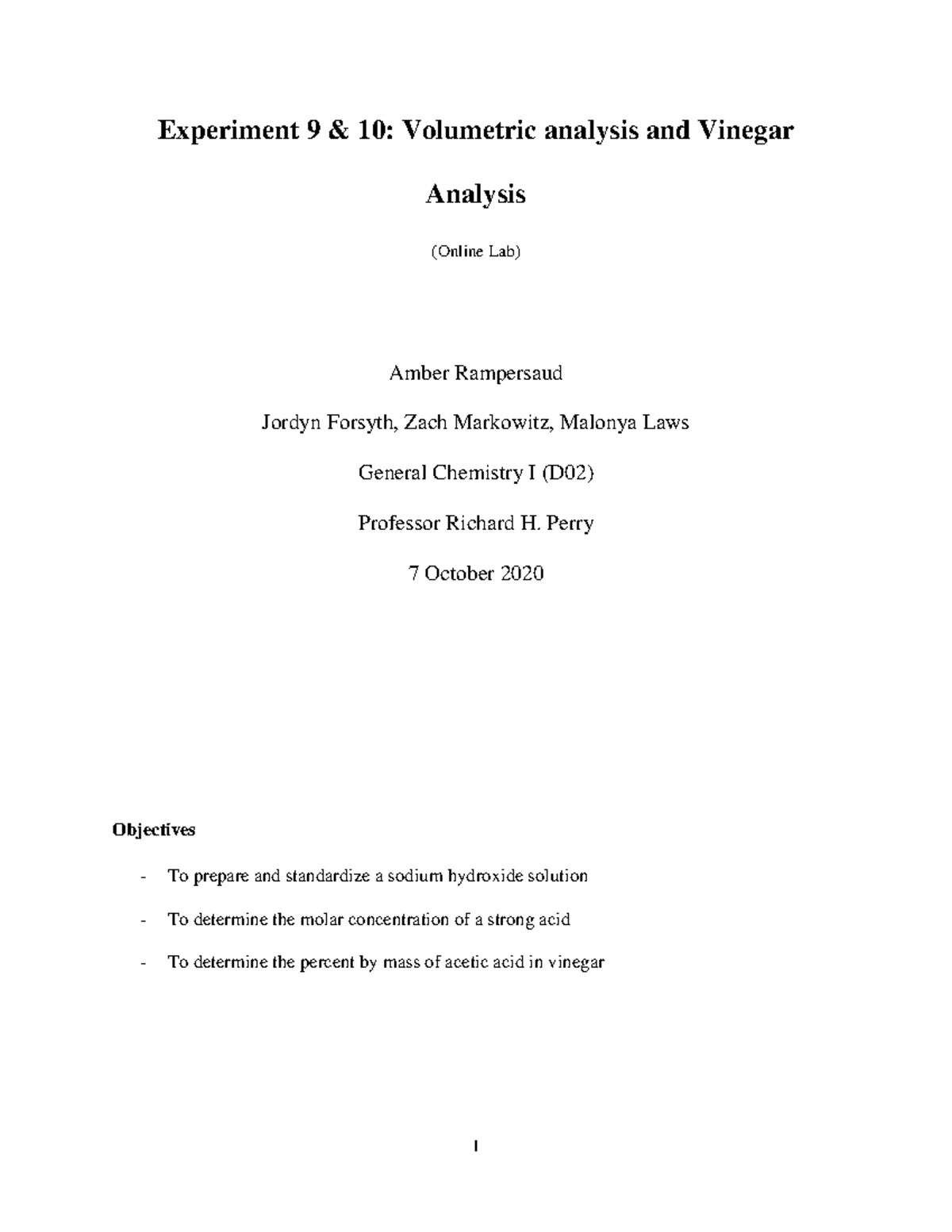 Experiment 9-10 Lab Report - Experiment 9 & 10: Volumetric Analysis And ...