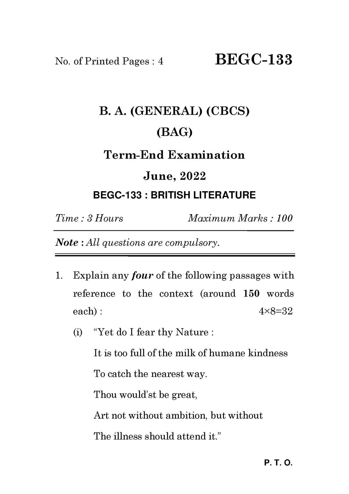 BEGC-133 - Question Paper - P. T. O. No. Of Printed Pages : 4 BEGC- B ...