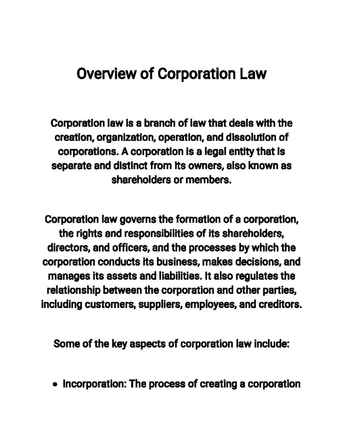 Overview of Corporation Law Overview of Corporation Law Corporation