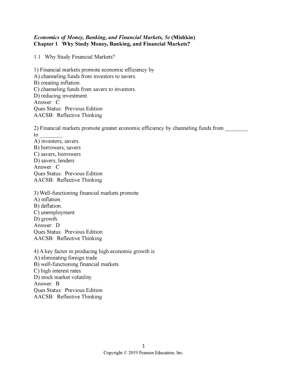 Chapter 1 - Testbank - Economics Of Money, Banking, And Financial ...