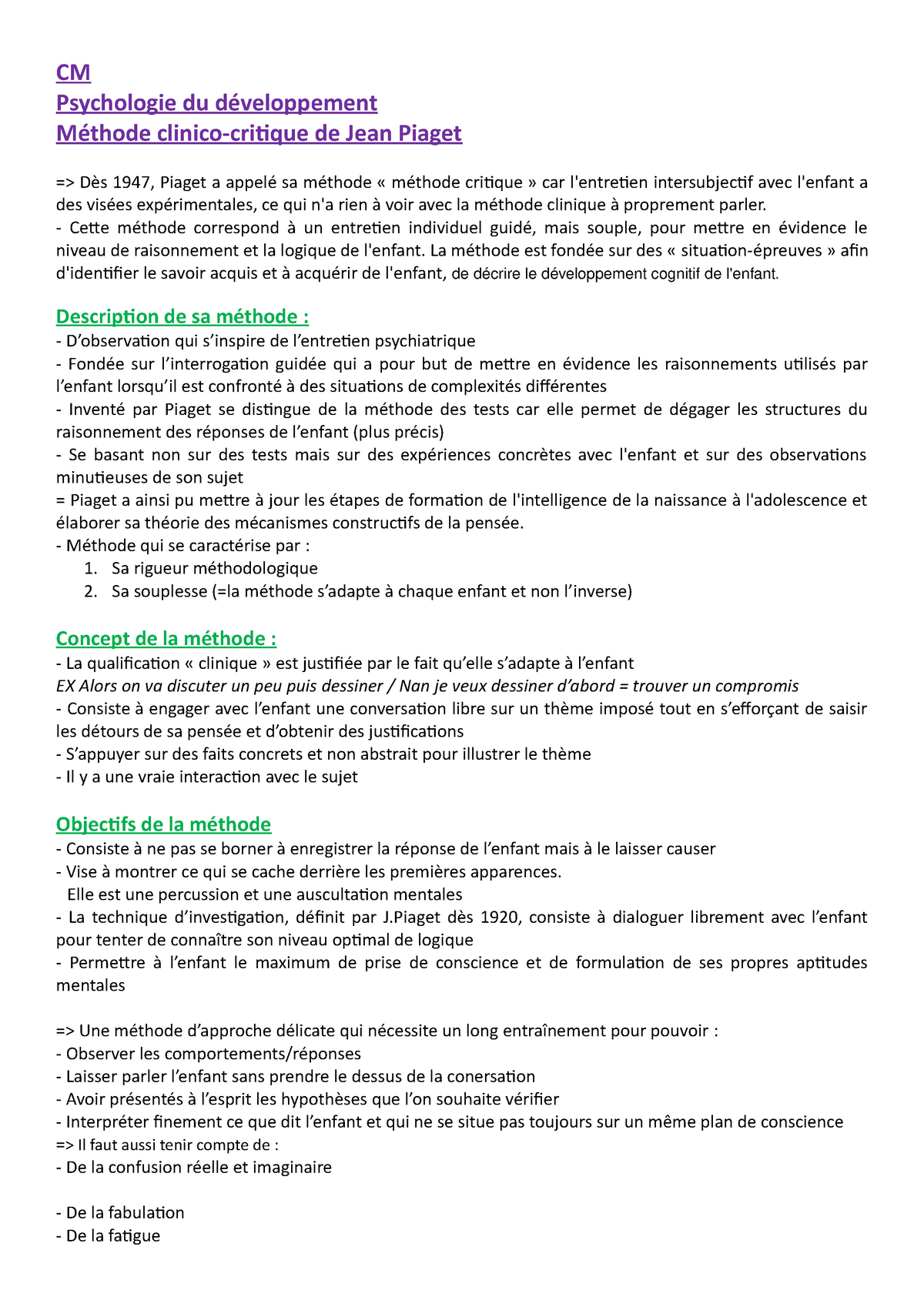 CM La m thode clinique selon J CM Psychologie du d veloppement