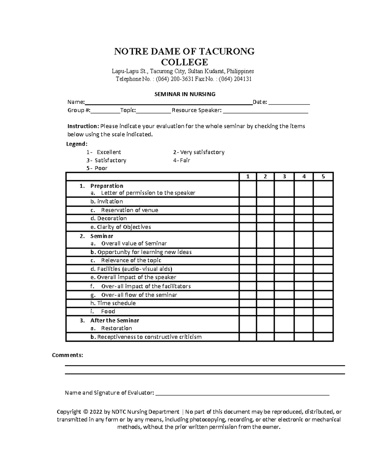 Seminar-in-Nursing-Evaluation-Sheet - NOTRE DAME OF TACURONG COLLEGE ...