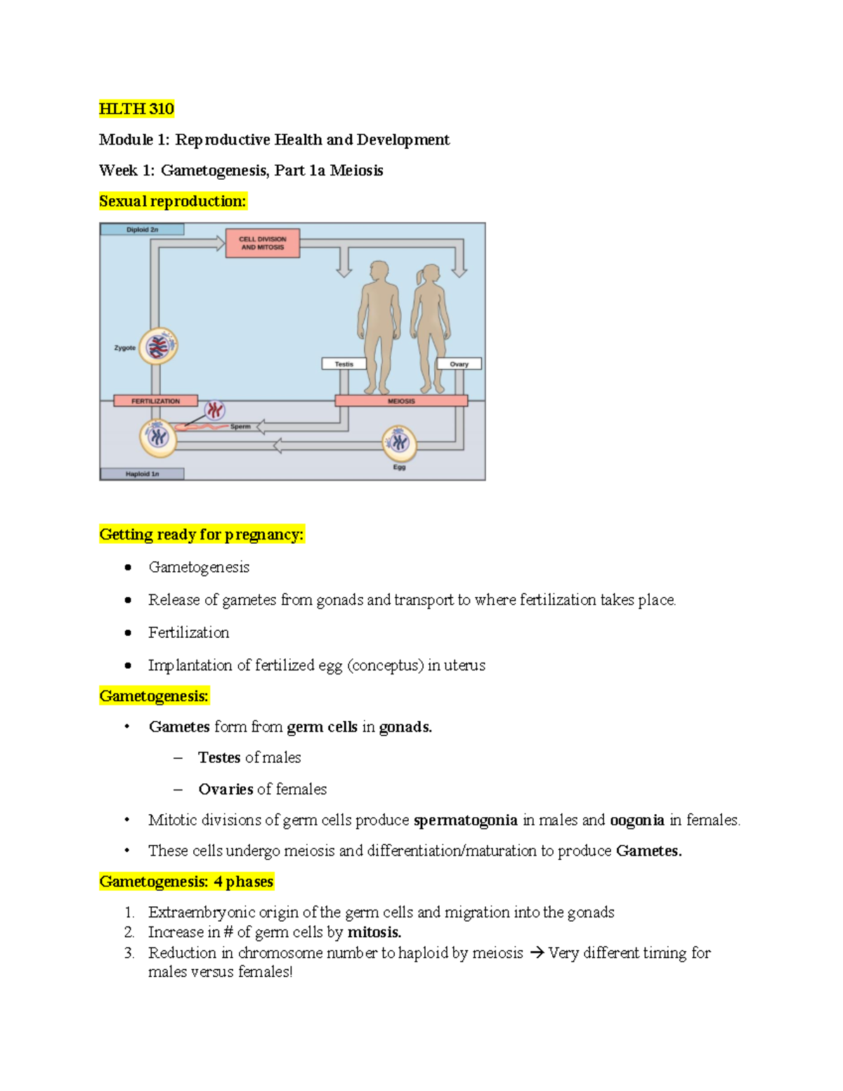 Module 1 Week 1 - notes. - HLTH 310 Module 1: Reproductive Health and ...