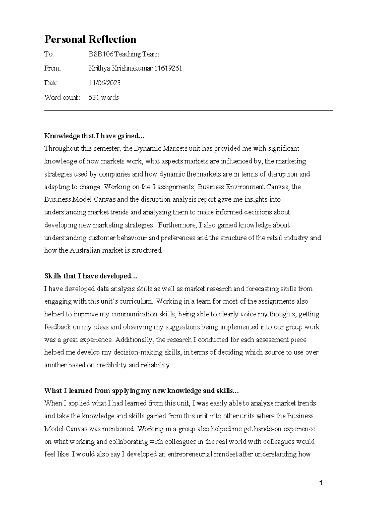 Reflection template1 Personal Reflection To BSB106 Teaching Team