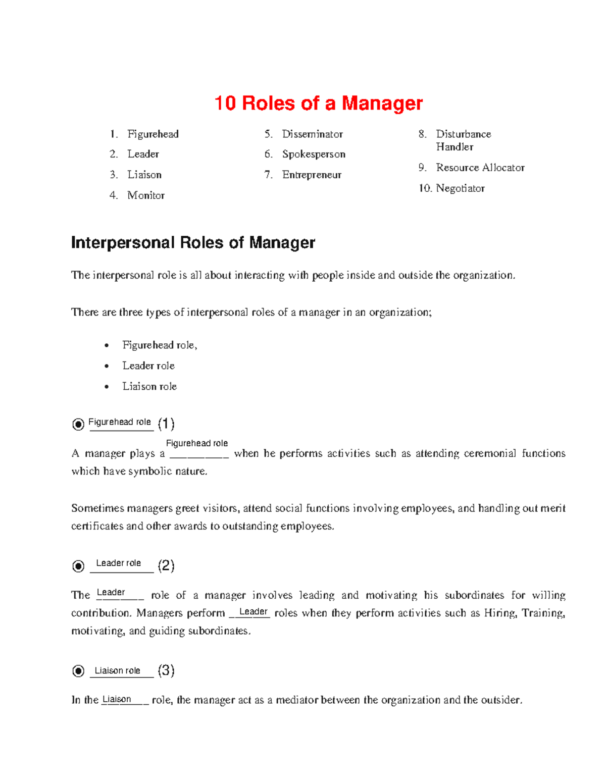 UNIT 1 Lesson 1 - 10 Roles of a Manager 1. Figurehead 2. Leader 3 ...