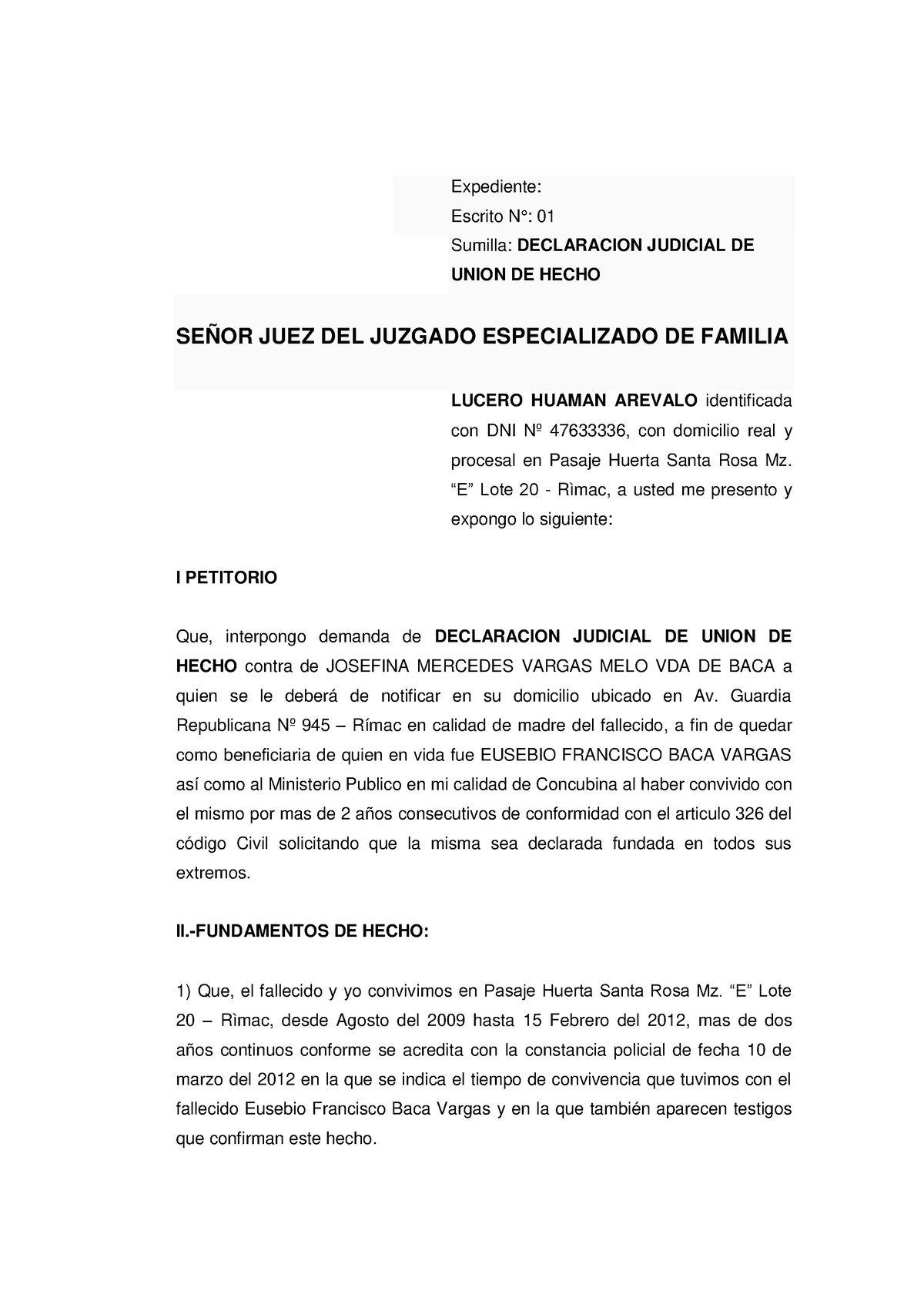 4. Demanda De Uniòn De Hecho - Expediente: Escrito N°: 01 Sumilla ...