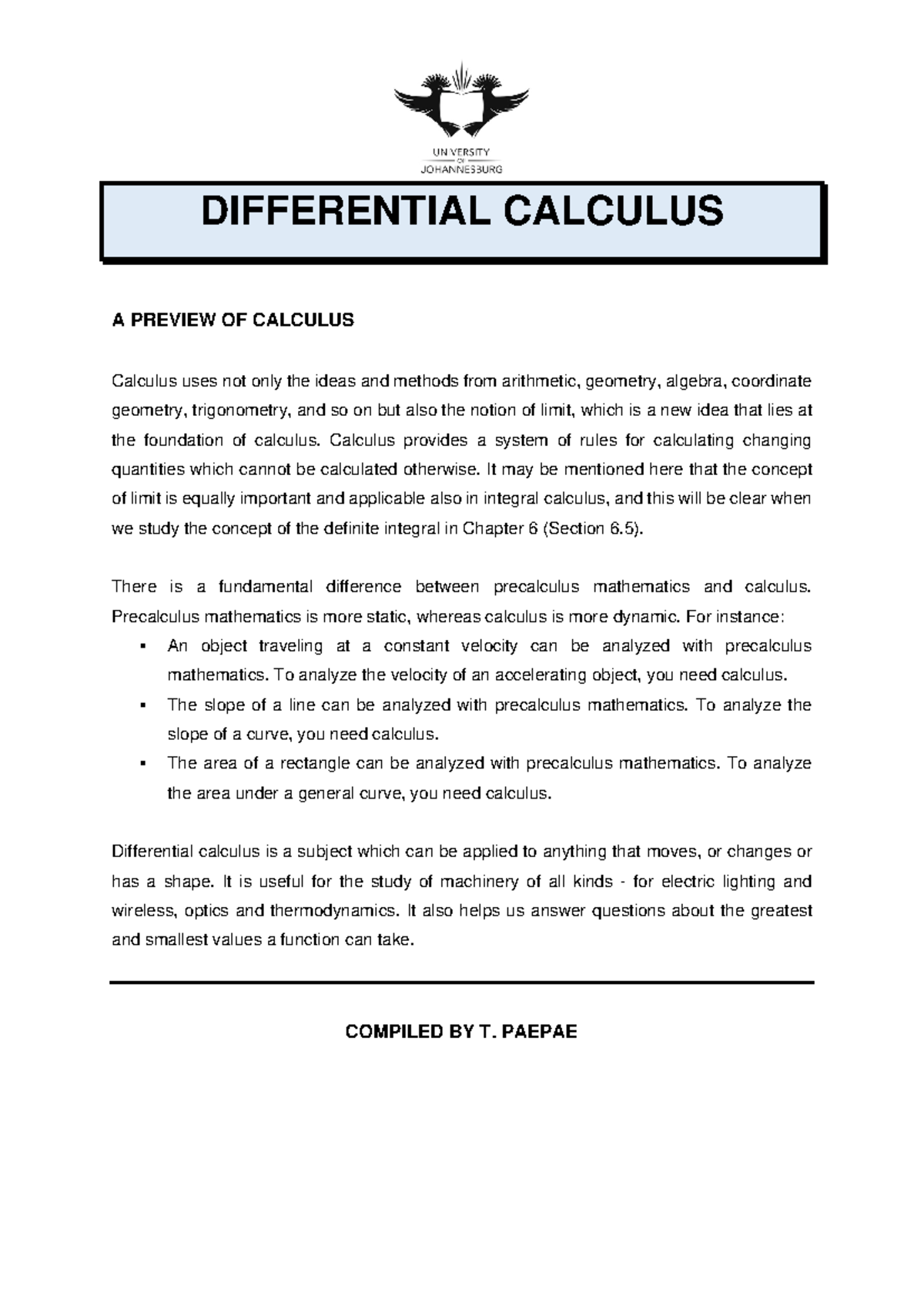 Differential Calculus - DIFFERENTIAL CALCULUS A PREVIEW OF CALCULUS ...