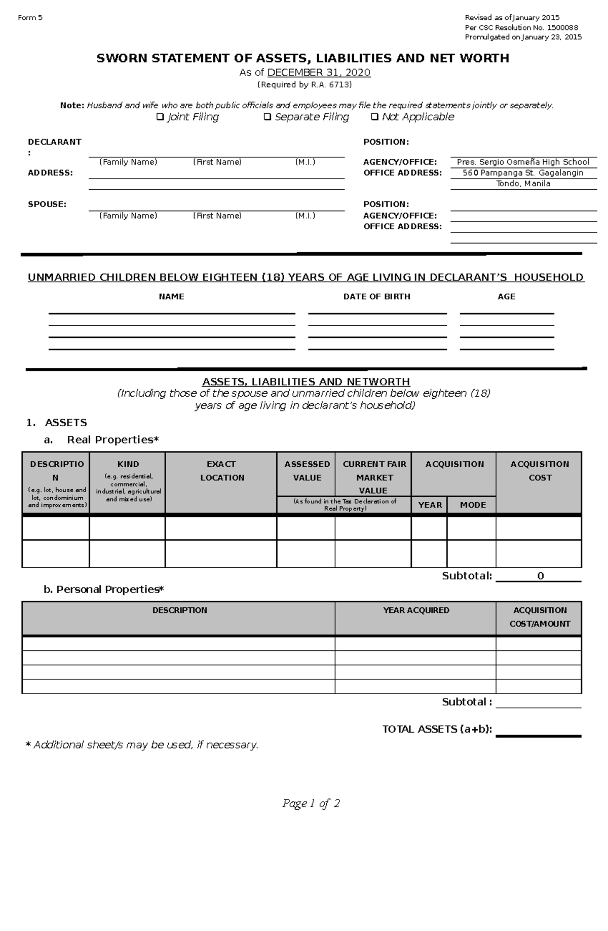 AA - For SALN - Form 5 Revised as of January 2015 Per CSC Resolution No ...