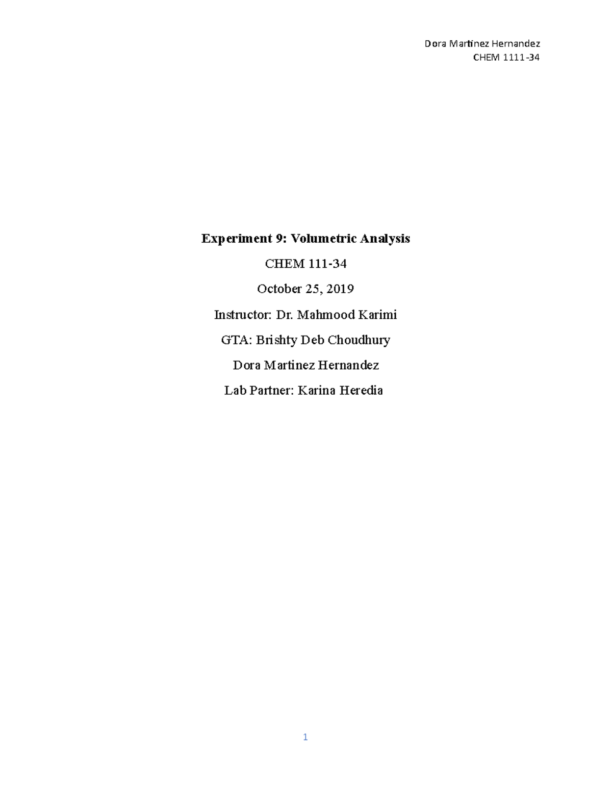 Experiment 9 Volumetric Analysis - CHEM 1111- Experiment 9: Volumetric ...