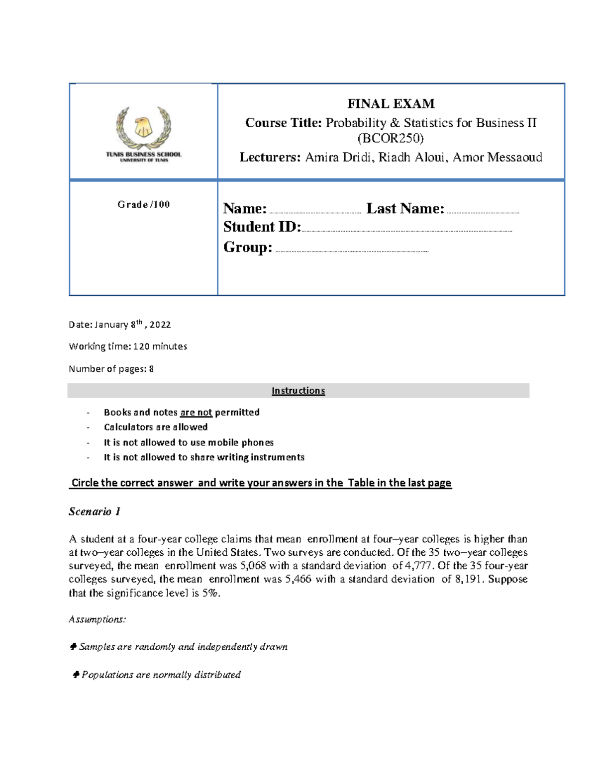2022final fin FINAL EXAM Course Title Probability & Statistics