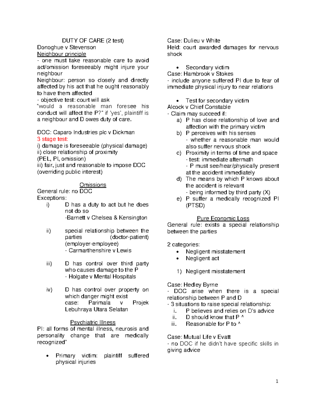 Tort Law LECTURE NOTES - for exam purposes - DUTY OF CARE (2 test ...