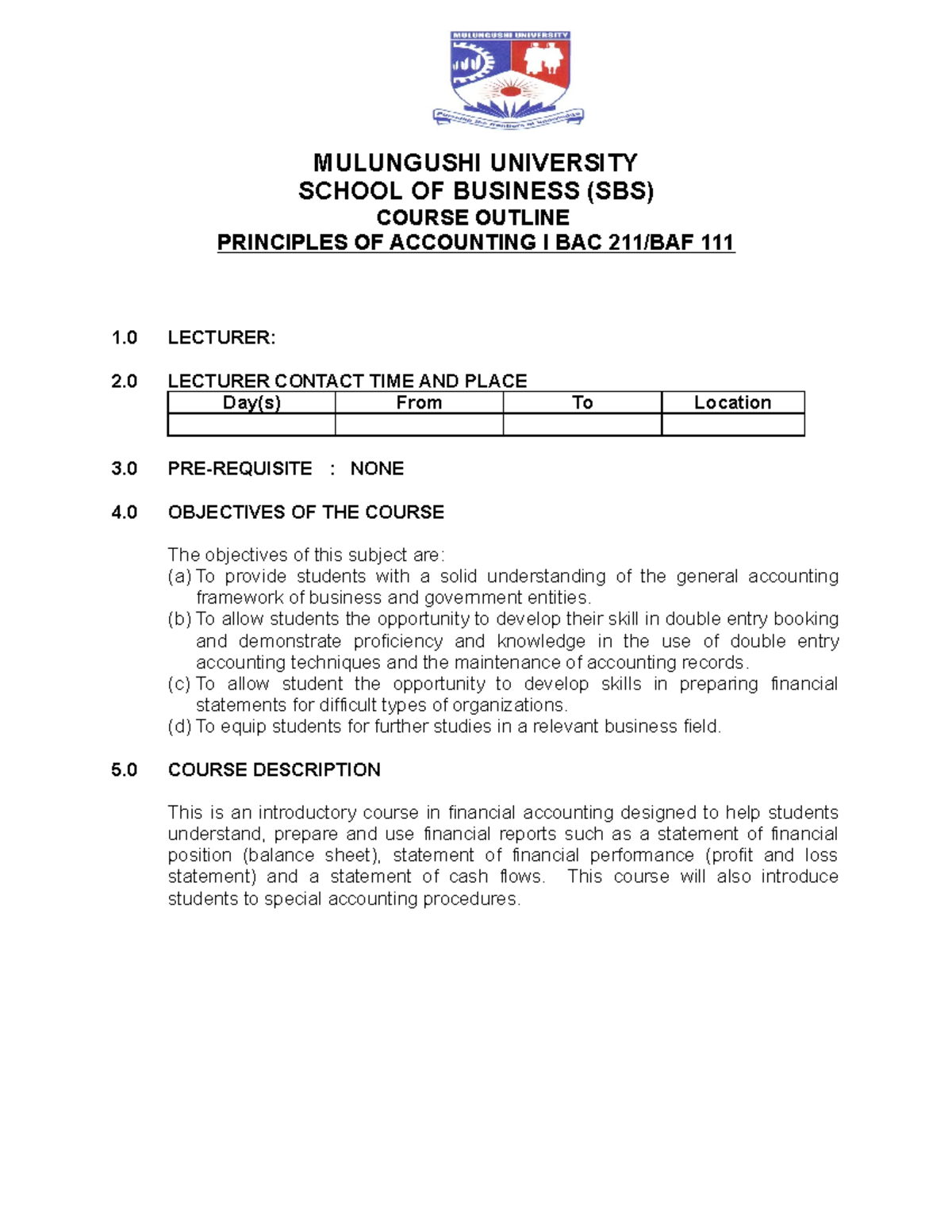 BAC 211 BAF 111 Course Outline MULUNGUSHI UNIVERSITY SCHOOL OF