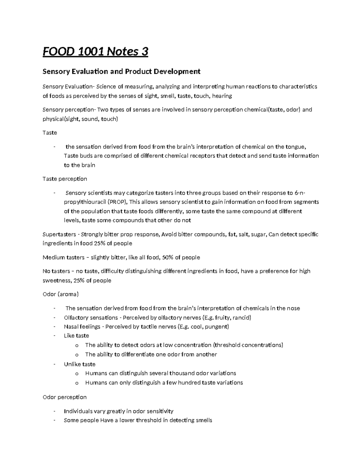 FOOD 1001 Notes 3 - 3 of 3 - FOOD 1001 Notes 3 Sensory Evaluation and ...