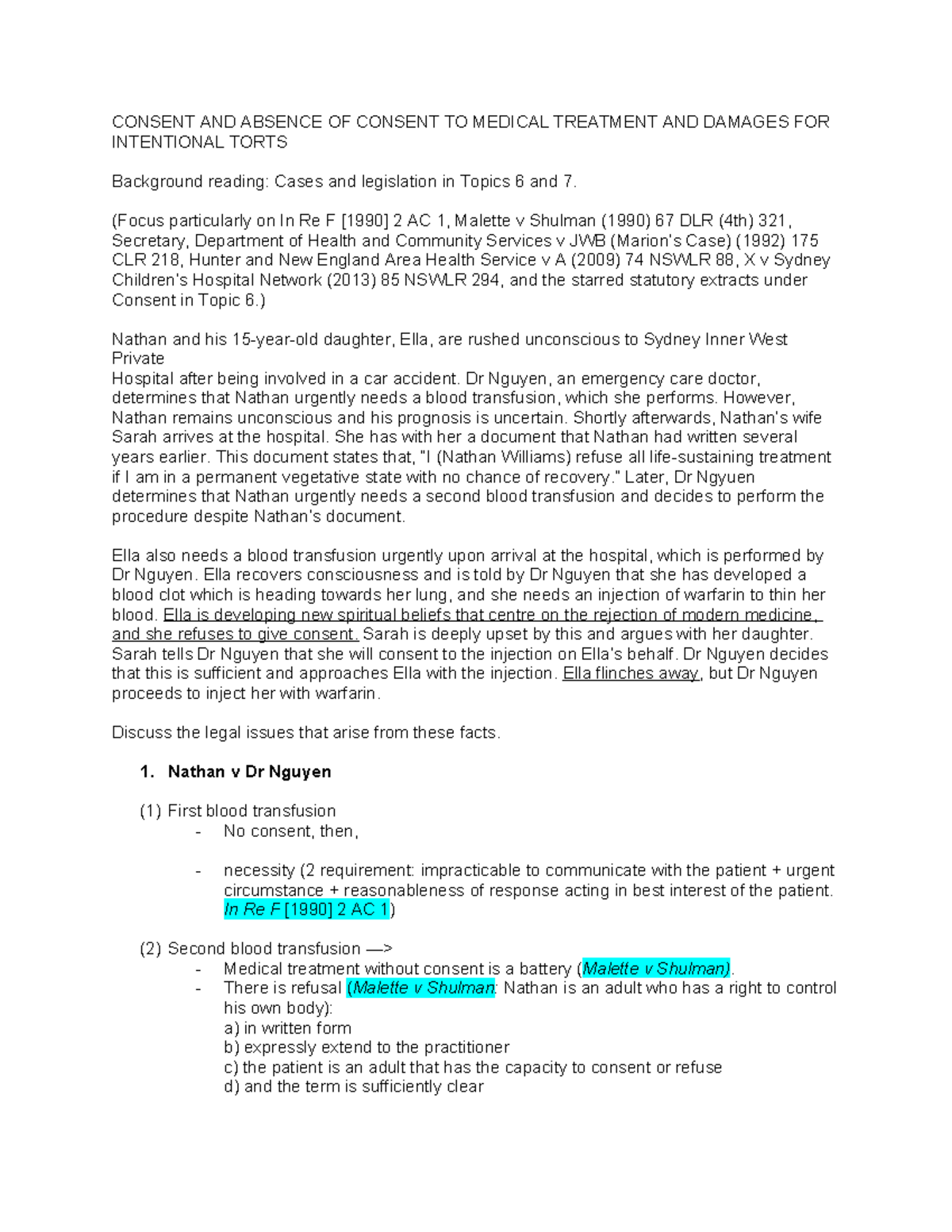 Week 7 torts oncall consent - CONSENT AND ABSENCE OF CONSENT TO MEDICAL ...
