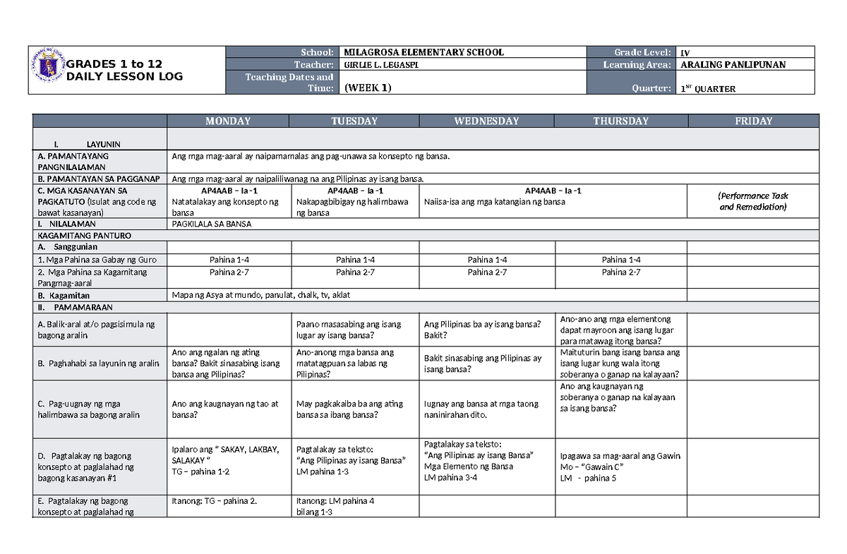 DLL Araling Panlipunan 4 Q1 W1 - GRADES 1 to 12 DAILY LESSON LOG School ...