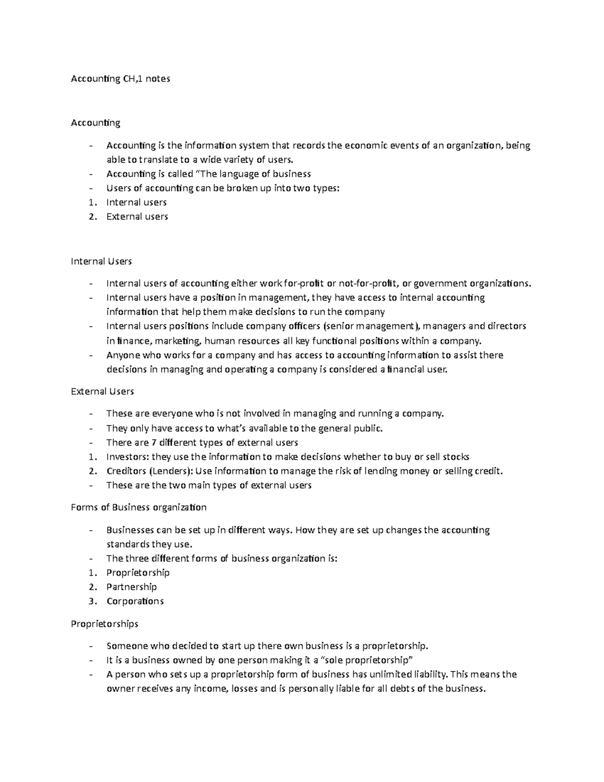 Accounting CH 1 notes - Chapter 1: the purpose and use of financial ...