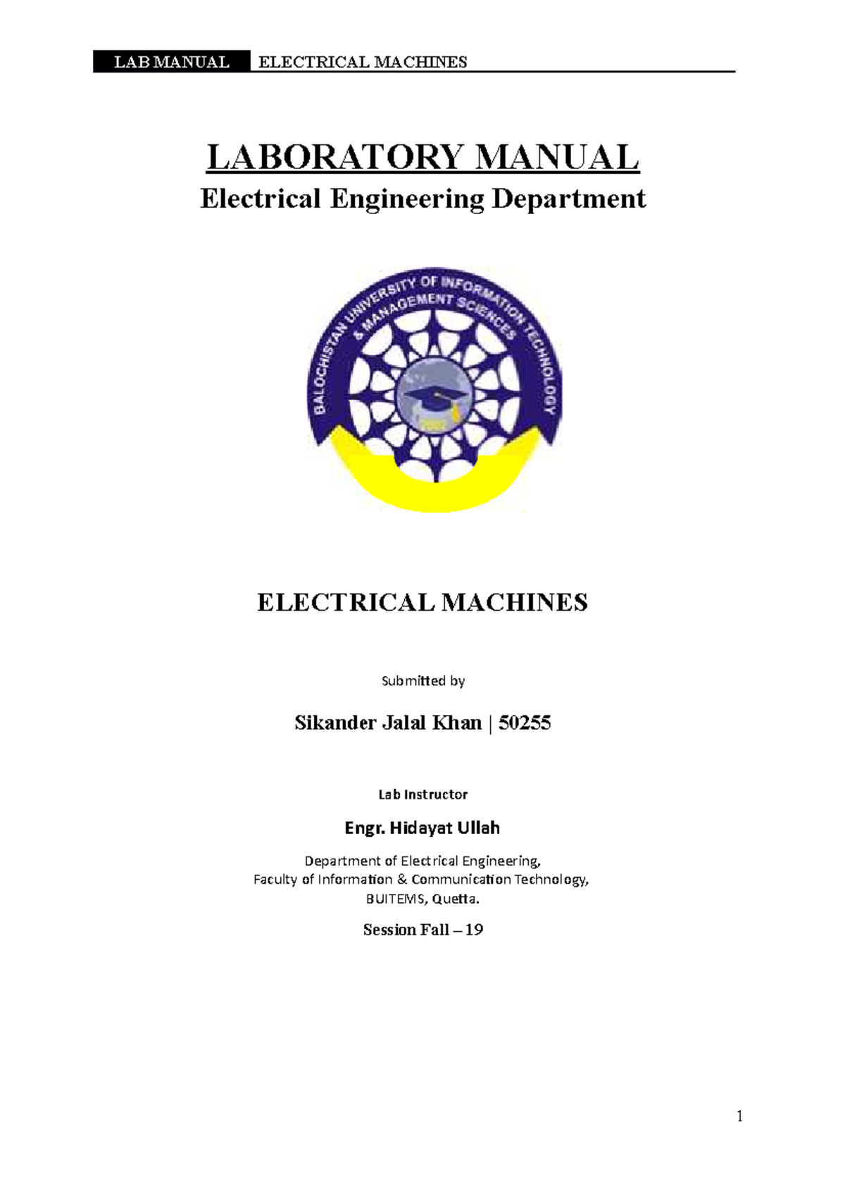 EM sikander Jalal Khan1 LAB MANUAL ELECTRICAL MACHINES LABORATORY
