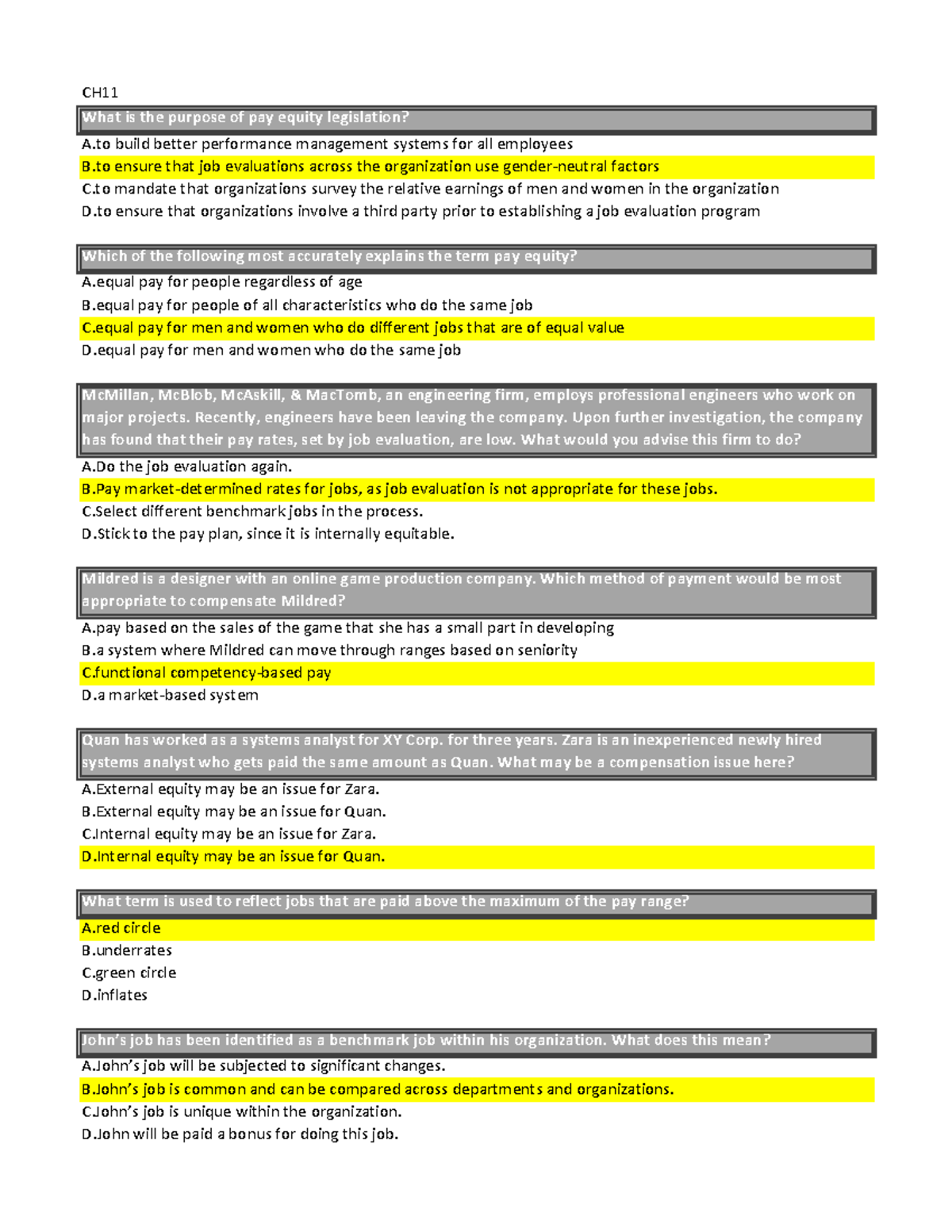 Ch11-17 quiz qna - NOTES - CH What is the purpose of pay equity ...