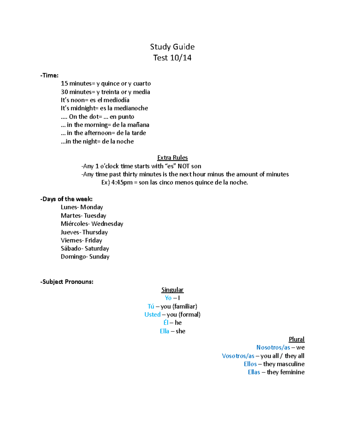 Exam 1 Study Guide - Study Guide Test 10/ -Time: 15 minutes= y quince ...