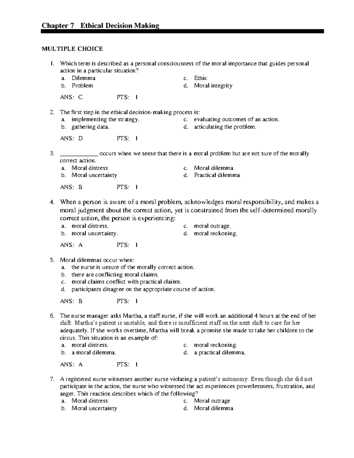 C7 - Test bank - Chapter 7 Ethical Decision Making MULTIPLE CHOICE ...