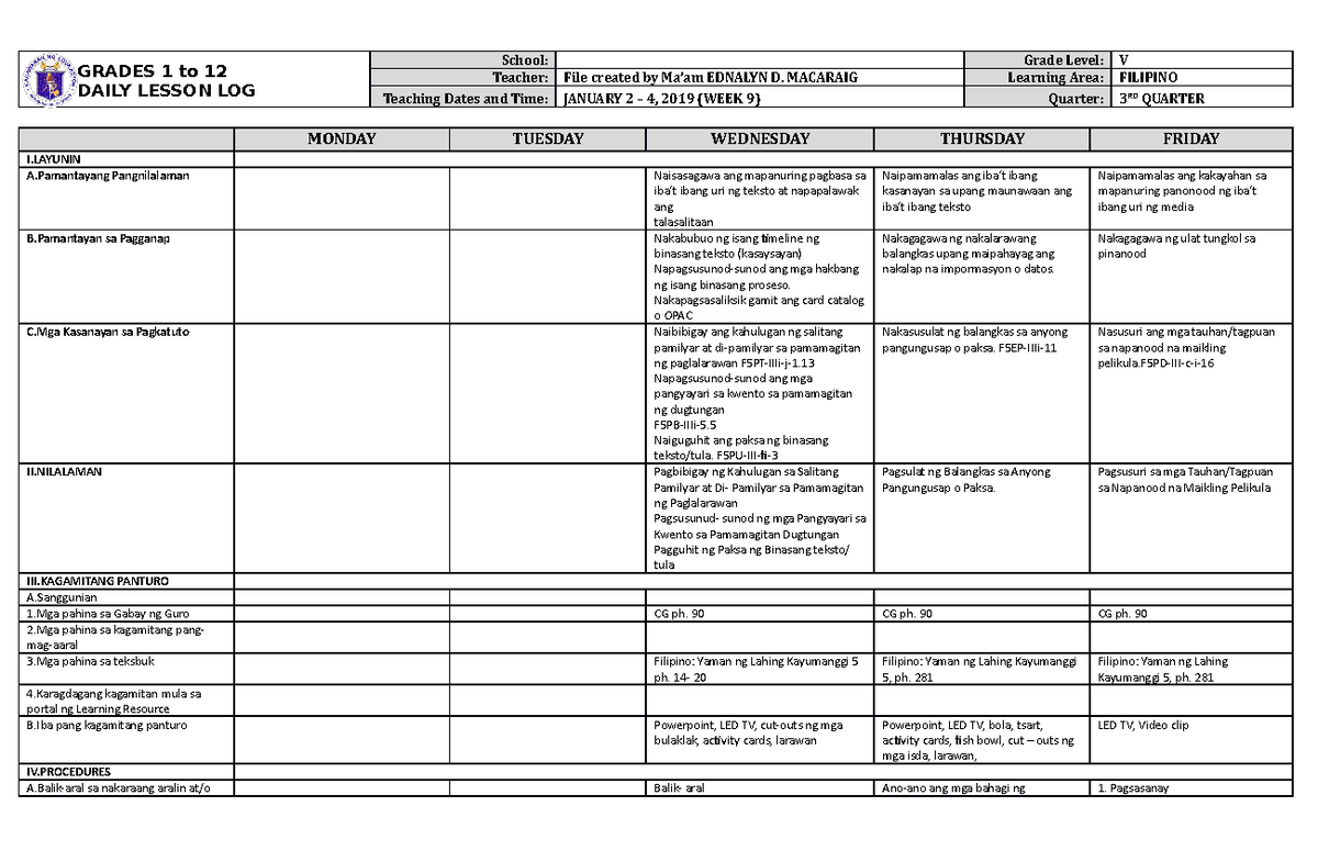 DLL Quarter 3 Week 9 Filipino 5 - GRADES 1 to 12 DAILY LESSON LOG ...