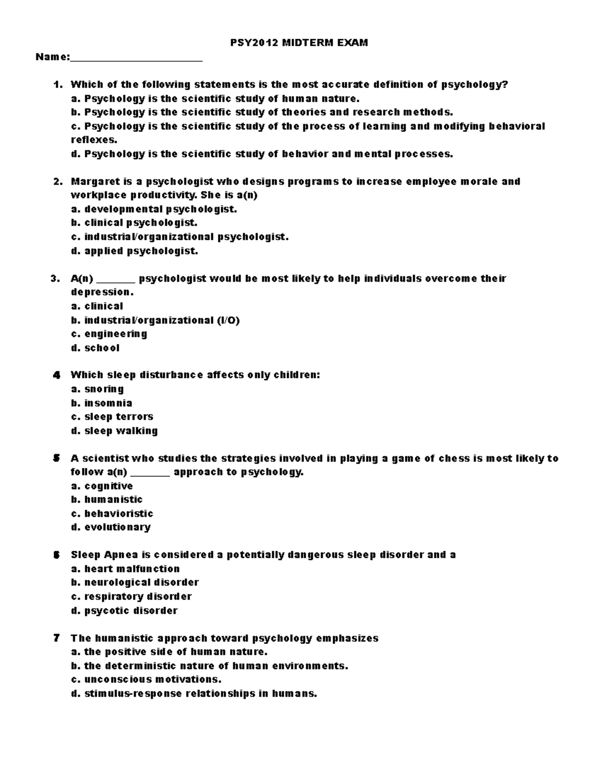 Midterm Exam Questions PSY2012 For You - PSY2012 MIDTERM EXAM Name