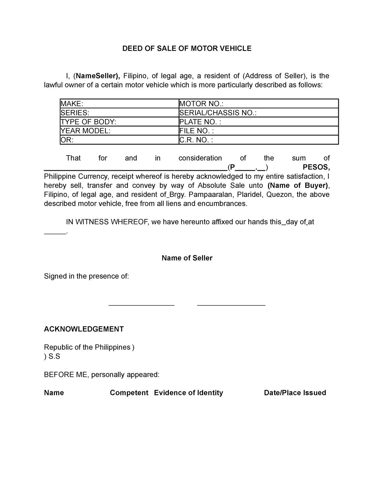 Deed Of Sale Of Motor Vehicle Pdf File Templates Sample Printables 8785