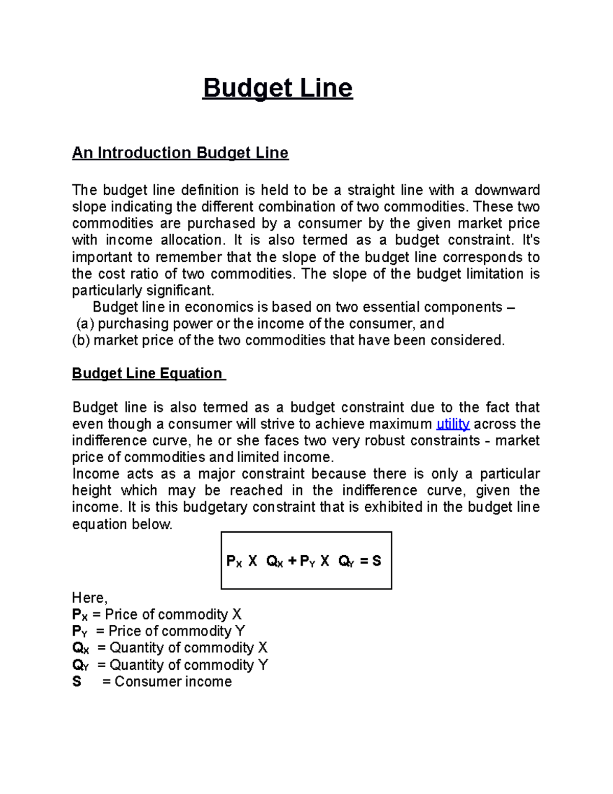 Budget line for reference Budget Line An Introduction Budget Line