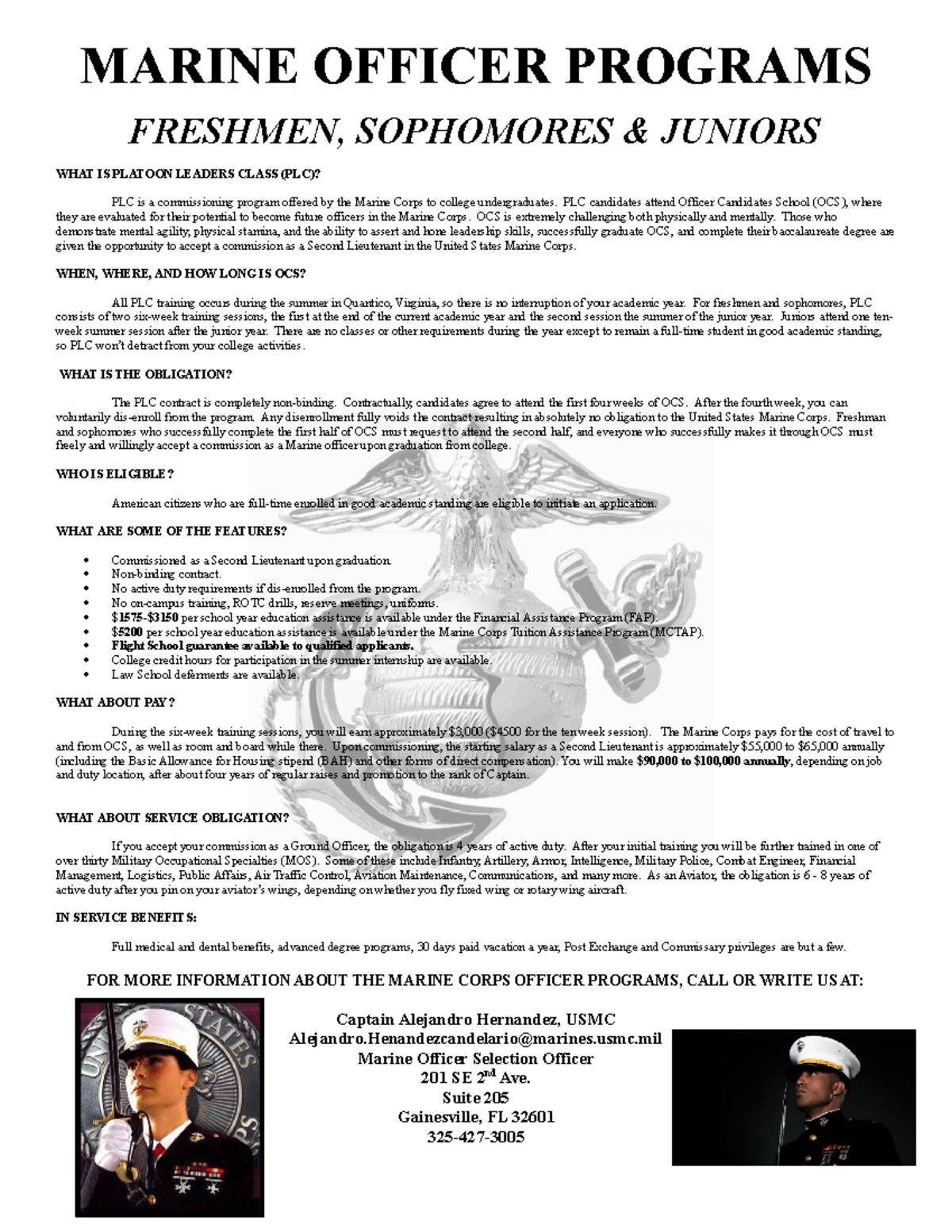 PLC Marine Officer Flyer and Pa1 MARINE OFFICER PROGRAMS FRESHMEN, SOPHOMORES & JUNIORS WHAT