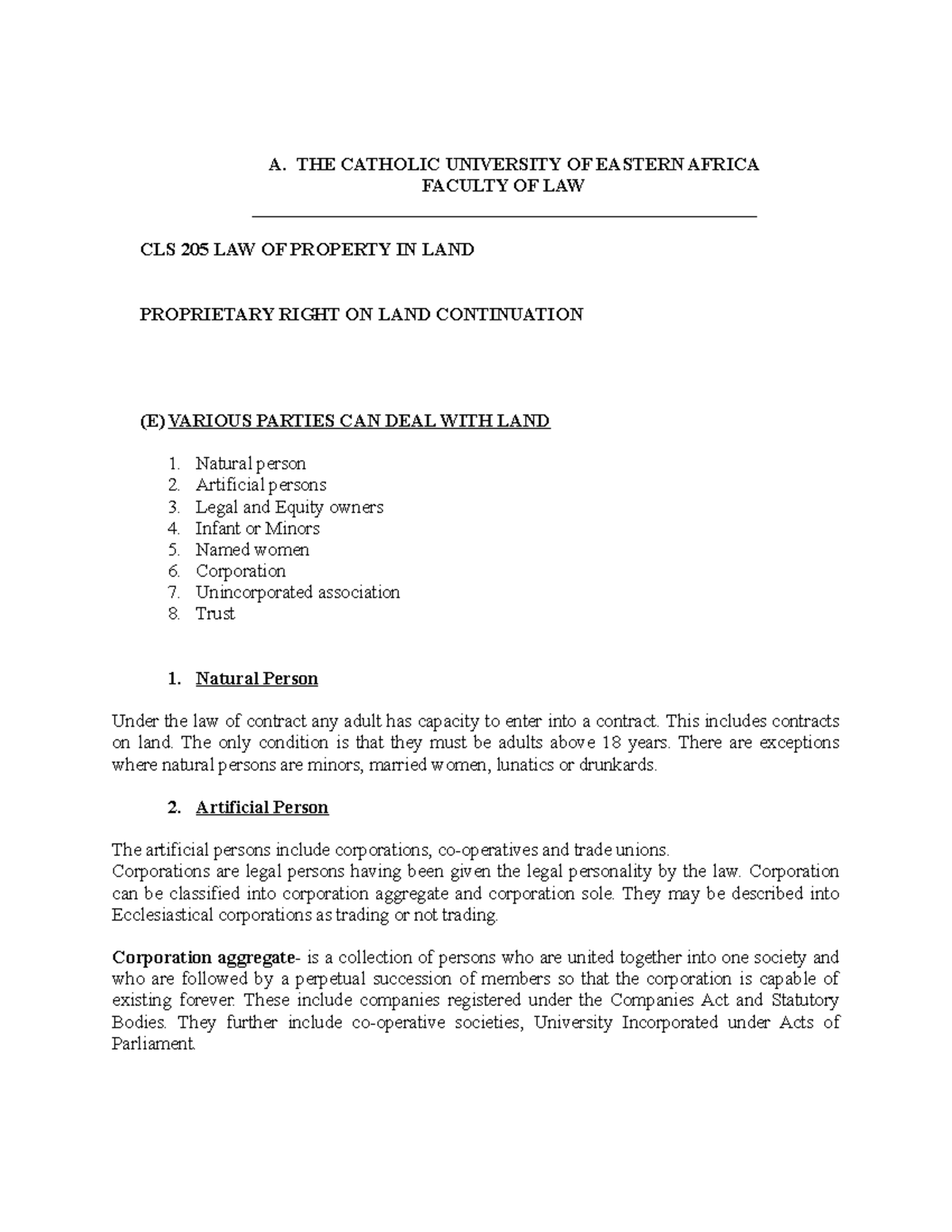 Proprietary Right ON LAND Continuation - A. THE CATHOLIC UNIVERSITY OF ...