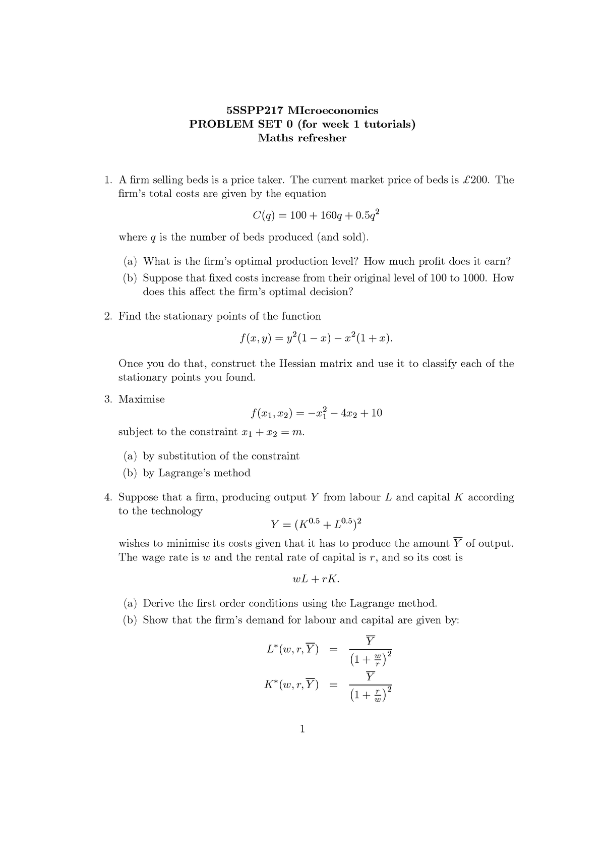 Problem Set 0 - Microeconomics - Maths - 5SSPP217 MIcroeconomics ...