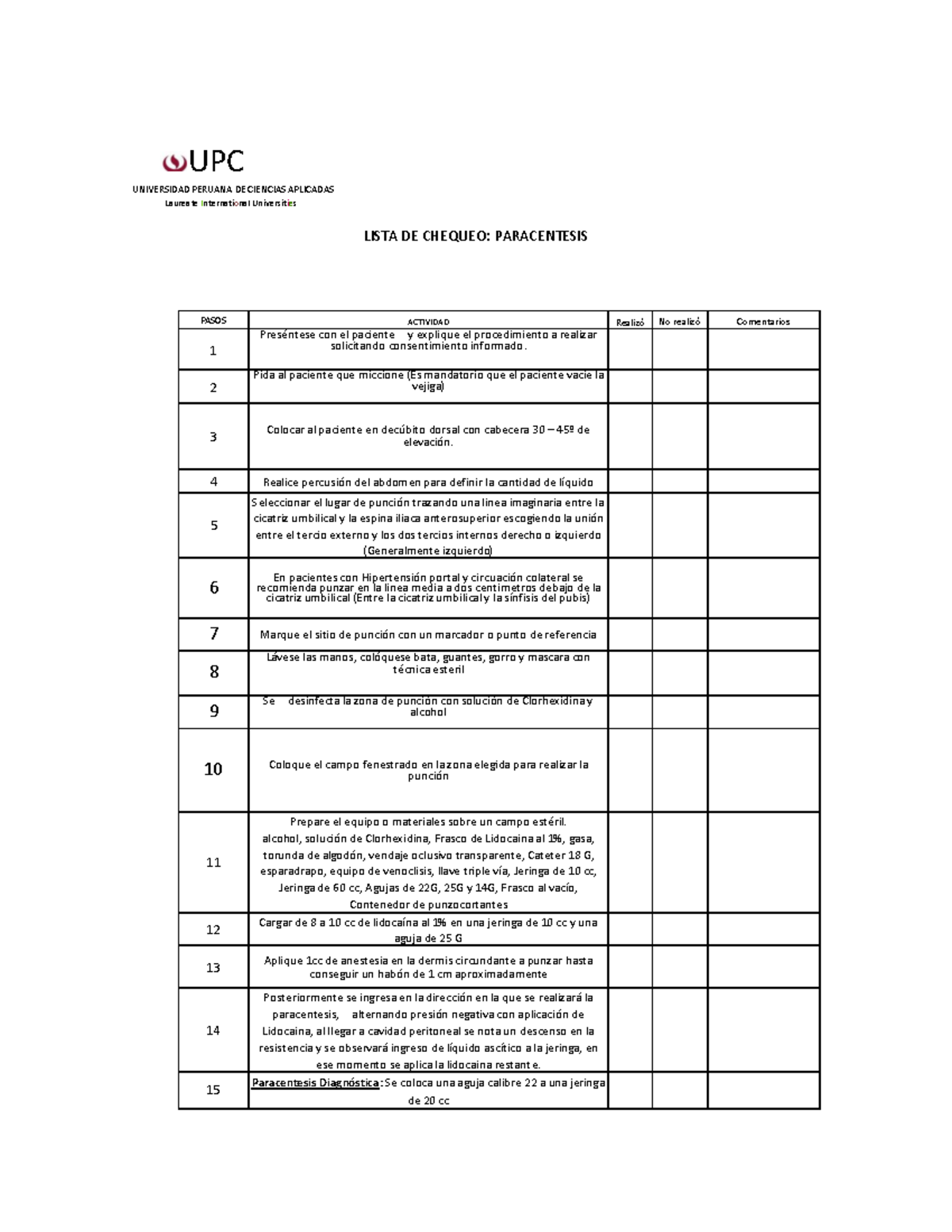 Check list Paracentesis - UPC UNIVERSIDAD PERUANA DE CIENCIAS APLICADAS ...