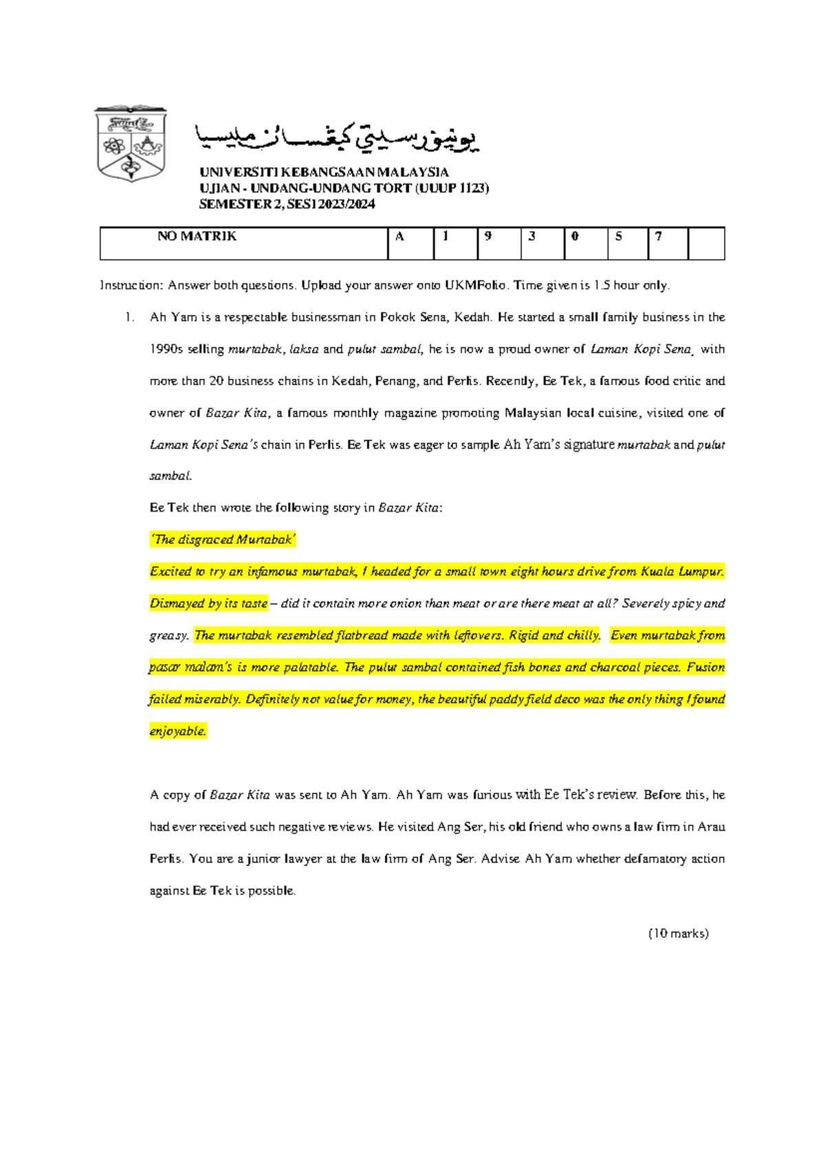 Defamation Mid Term Test - UNIVERSITI KEBANGSAAN MALAYSIA UJIAN ...