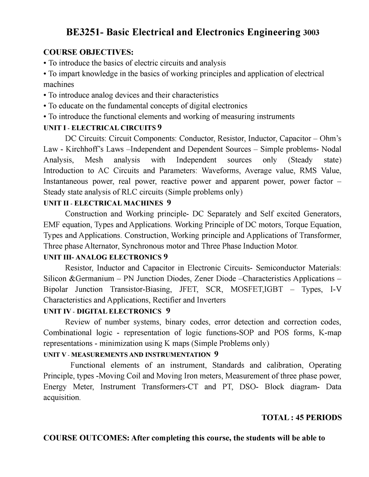 BE3251-BEEE Syllabus - BE3251- Basic Electrical And Electronics ...