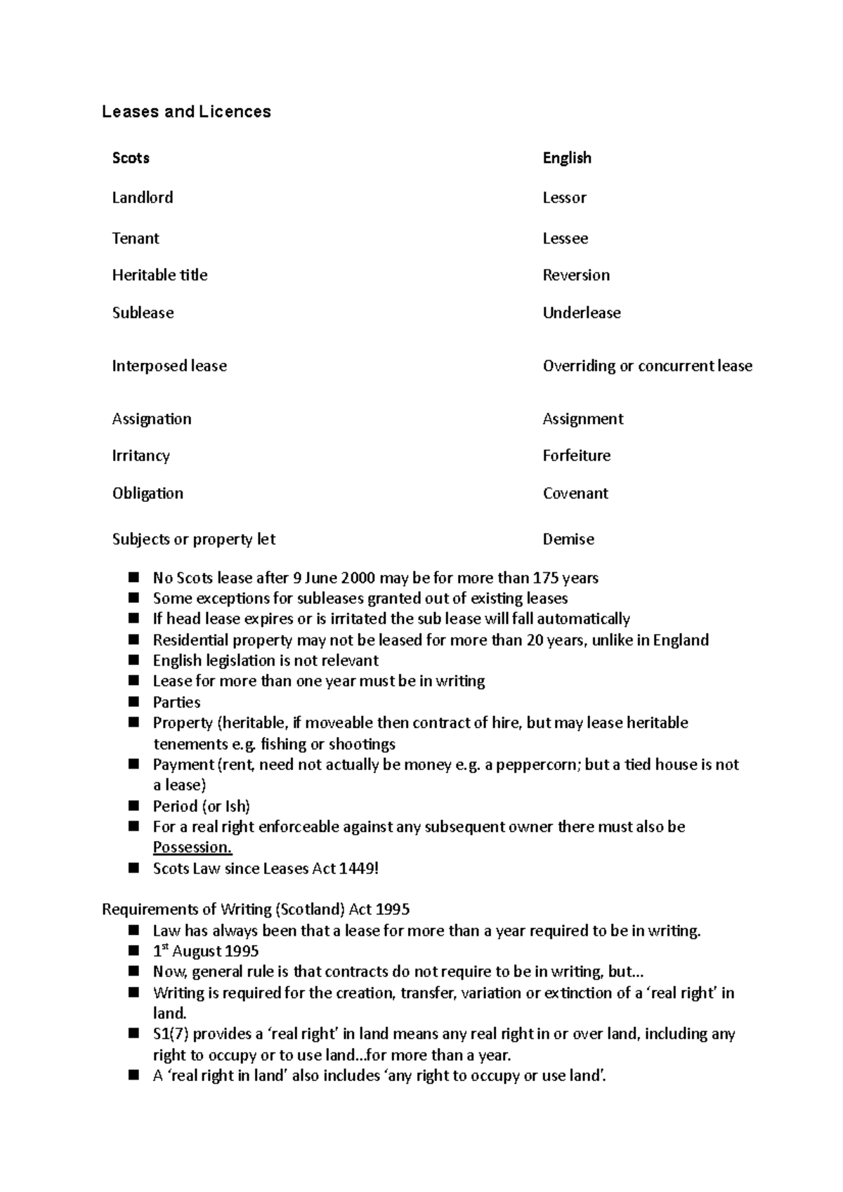 Leases and Licences Leases and Licences Scots English Landlord Lessor