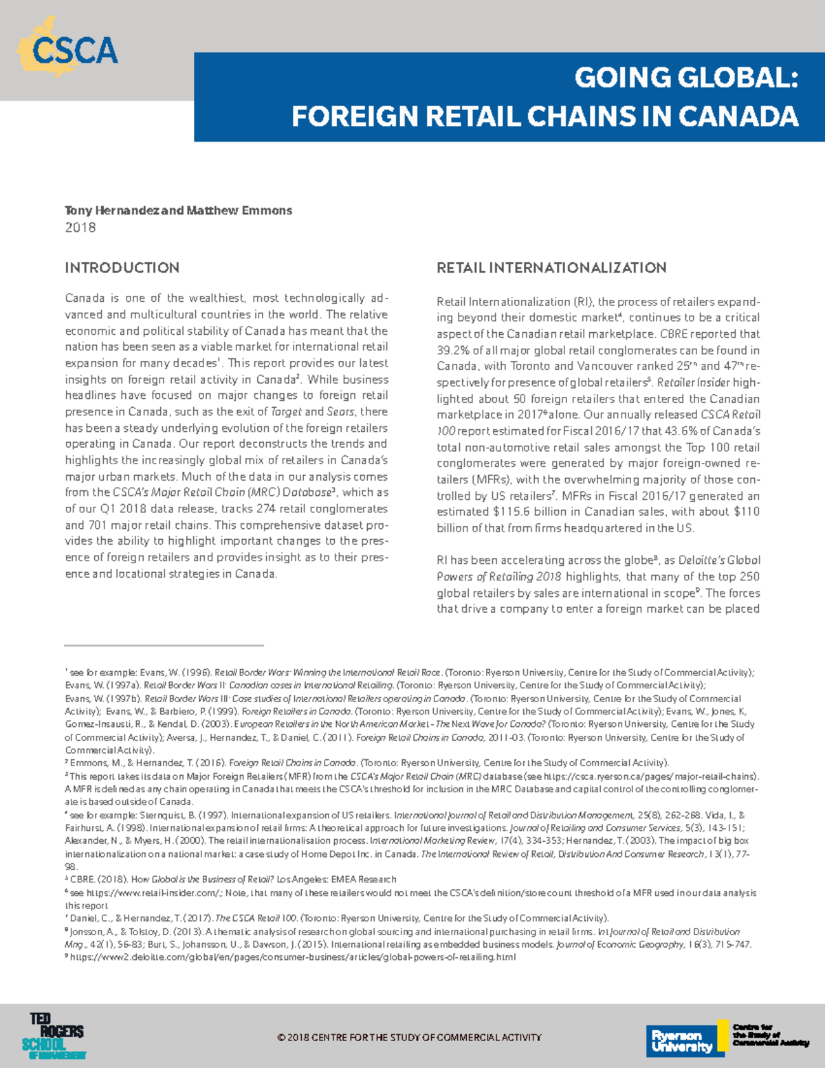 CSCA 2018 Going Global Foreign Retail Chains in Canada GOING GLOBAL