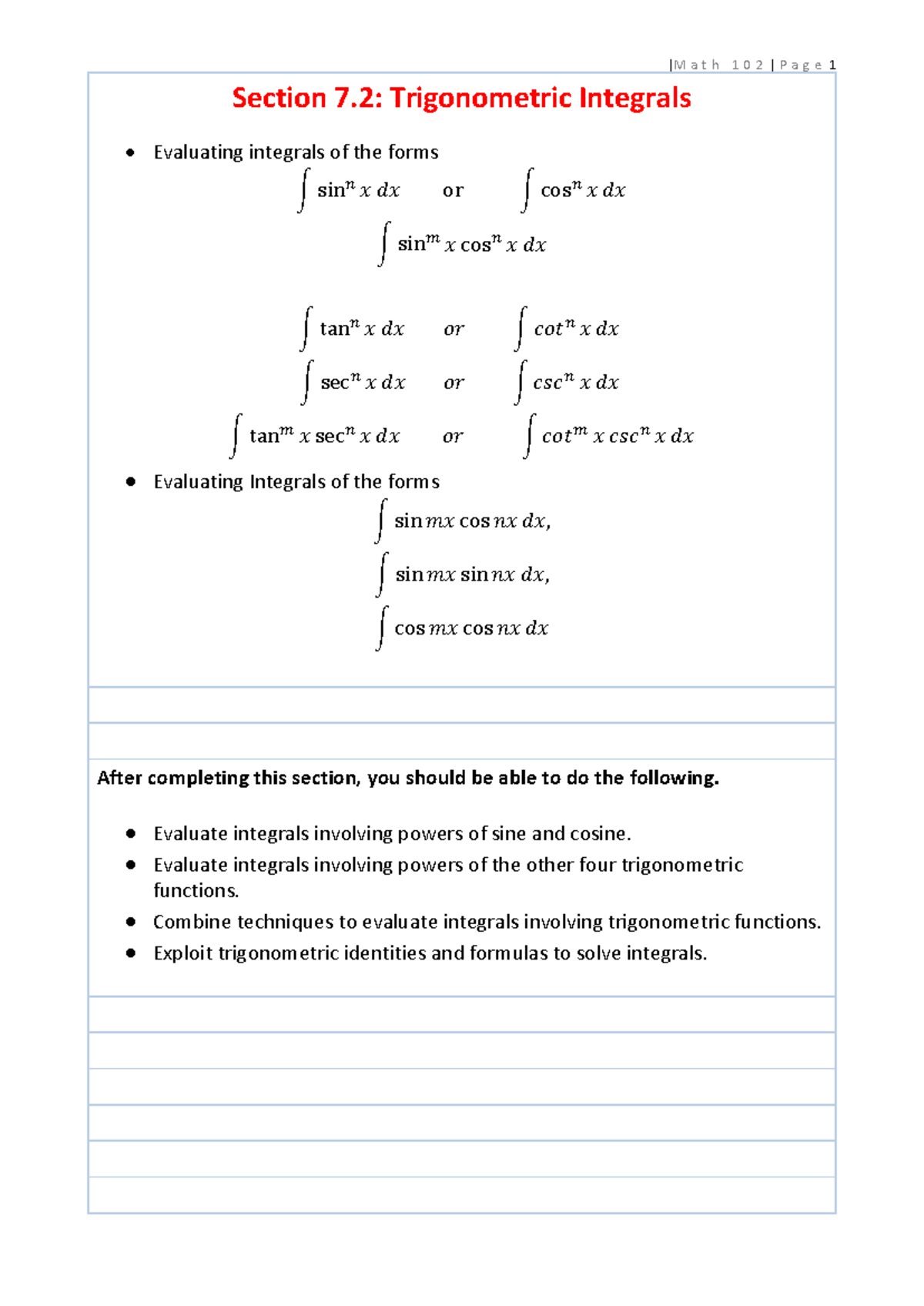 Math 102 section 7 - Lecture notes - Section 7. 2 : Trigonometric ...