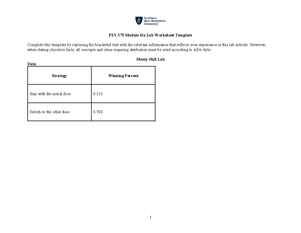 PSY 375 Module Six Lab complteed - PSY 375 Module Six Lab Worksheet ...